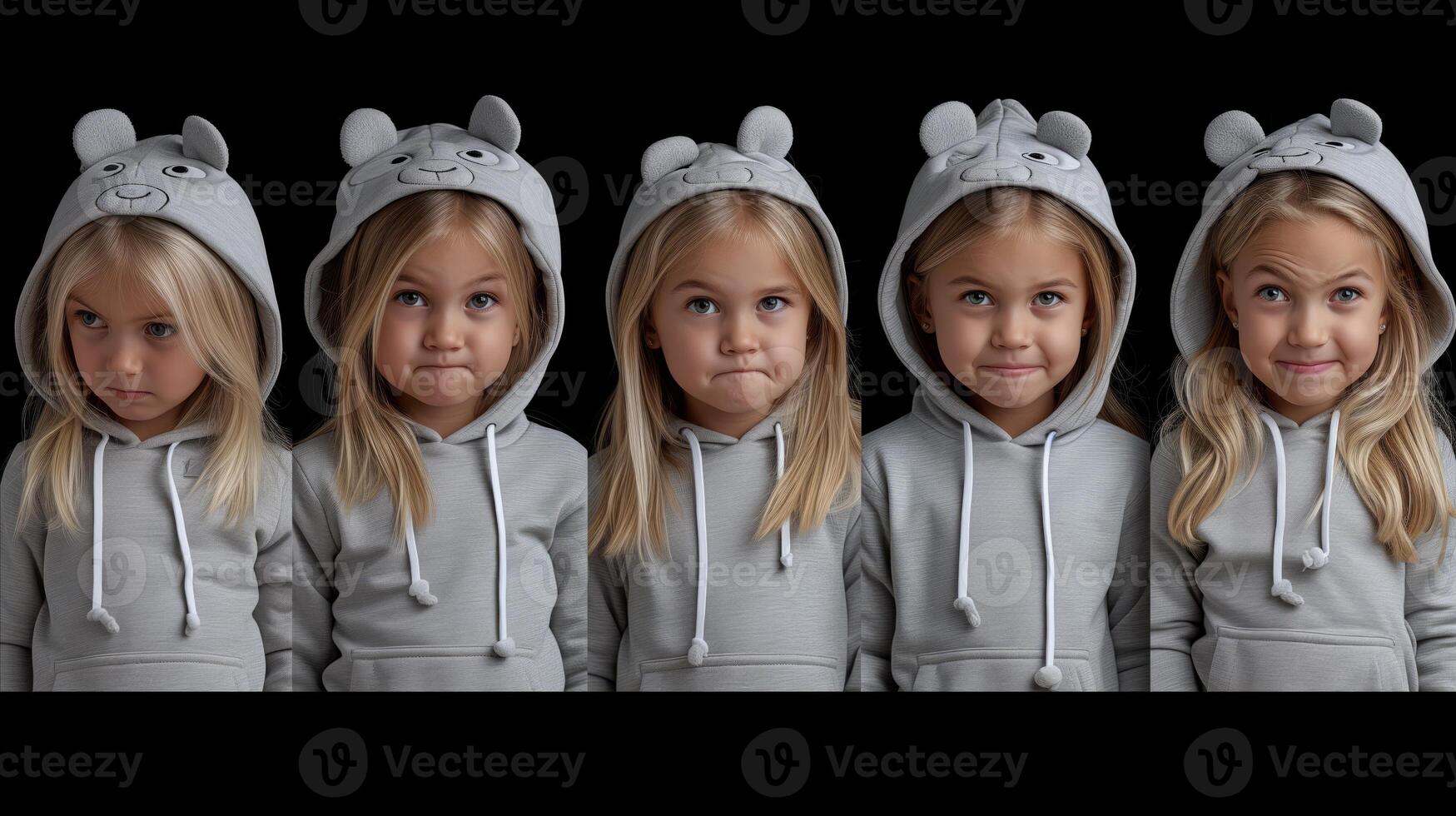 AI generated Young Girl Exhibiting a Range of Emotions in Animal Hoodie photo