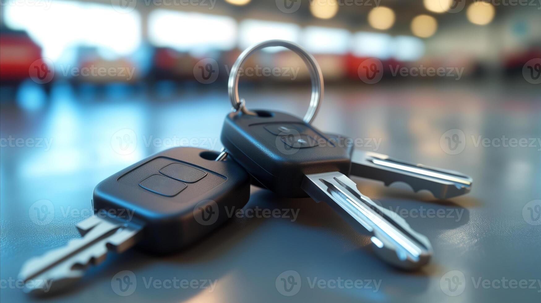 AI generated Close-Up of Car Keys on Shiny Showroom Table photo