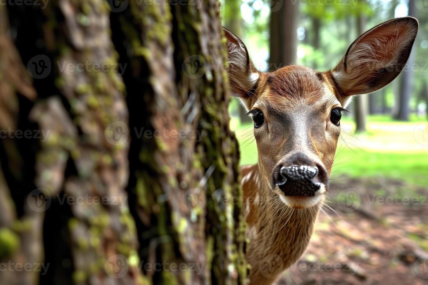 AI generated Young Deer Peeking Out From Behind a Tree photo