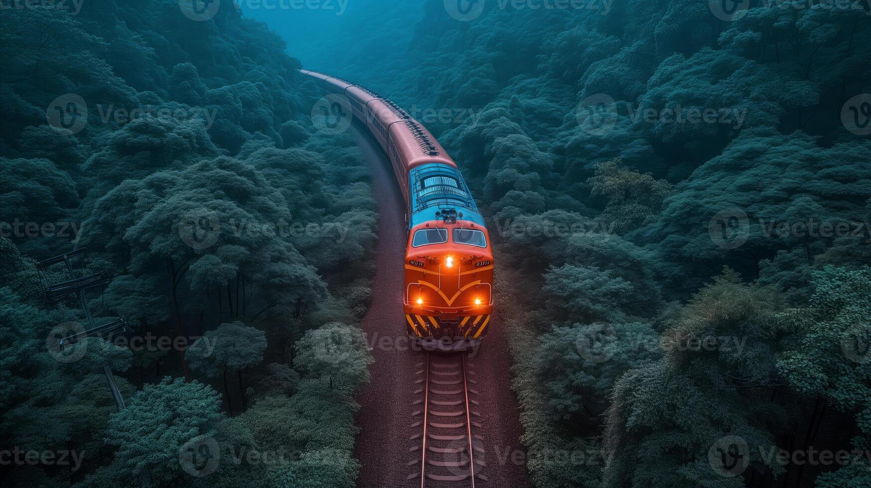 AI generated Train Journey Through a Vibrant Green Forest photo