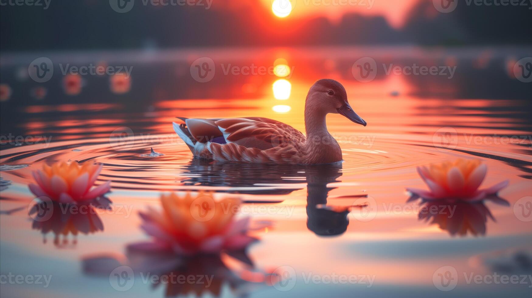 ai generado sereno Pato nadando entre agua lirios a puesta de sol foto