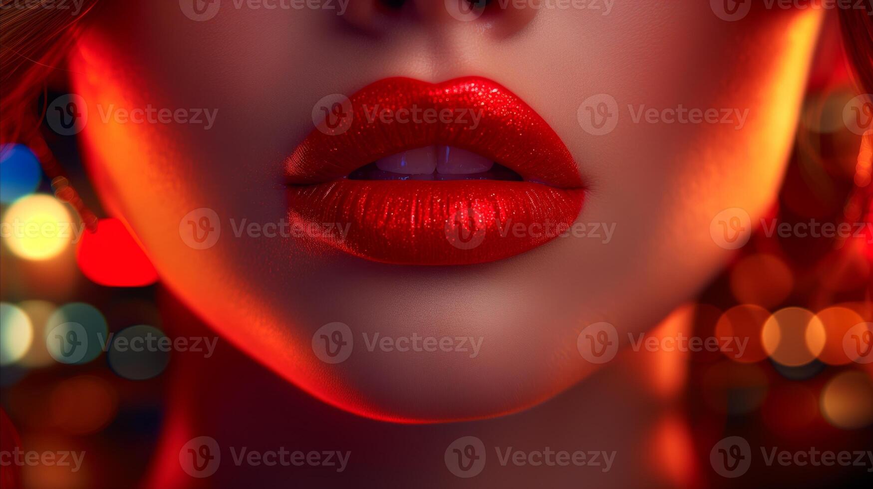 AI generated Close-Up of Womans Red Lips at Night With Blurred Lights photo