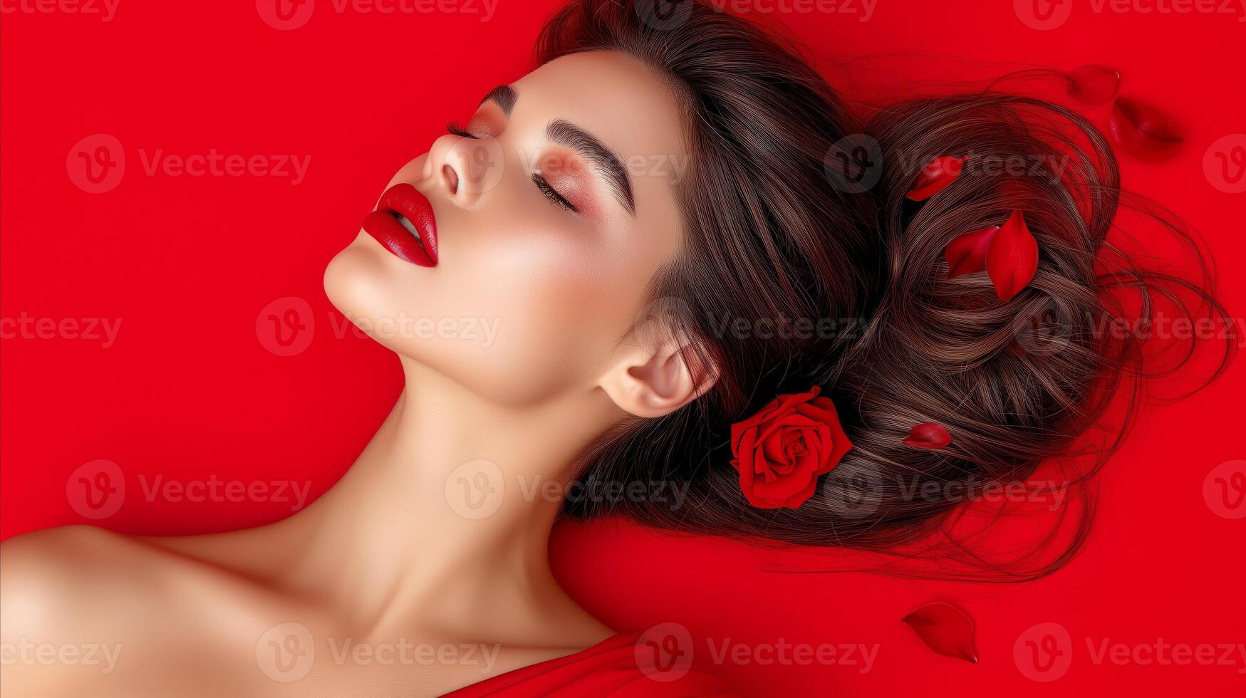 AI generated Woman With Red Lipstick and Rose in Hair photo