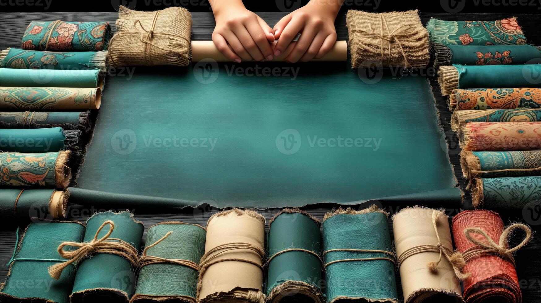 AI generated Hands Resting on Antique Desk Surrounded by Vintage Scrolls photo