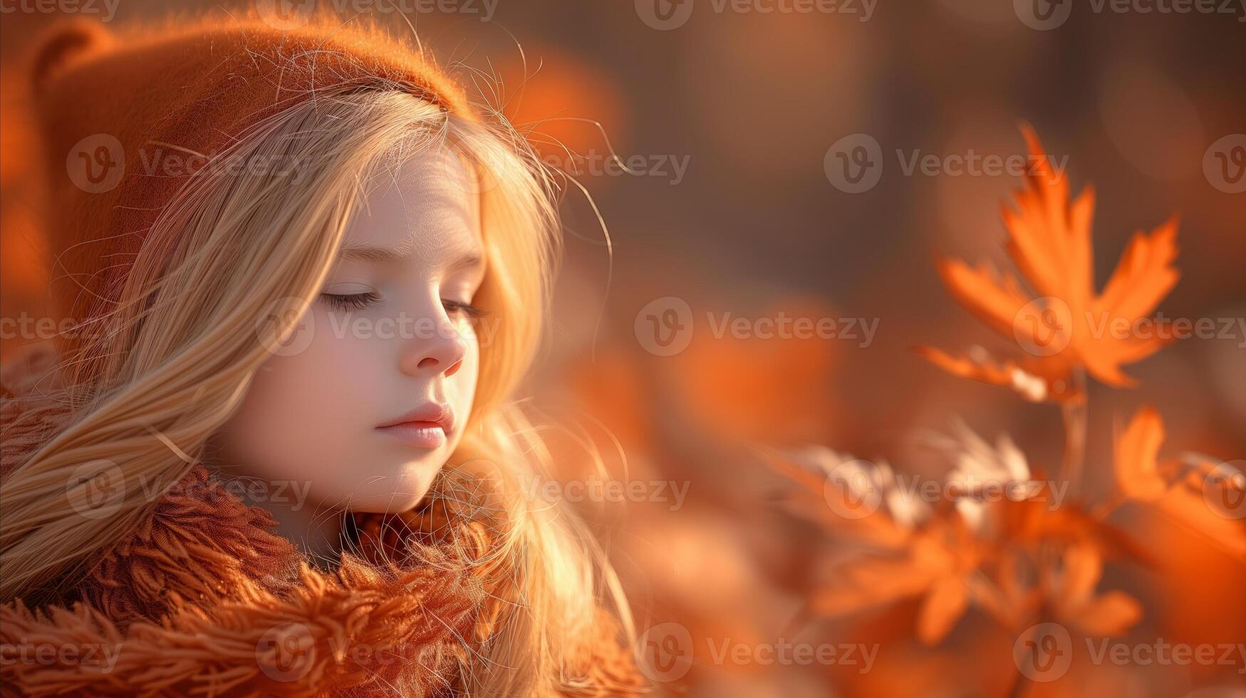 AI generated Serene Autumnal Portrait of a Young Girl at Sunset photo
