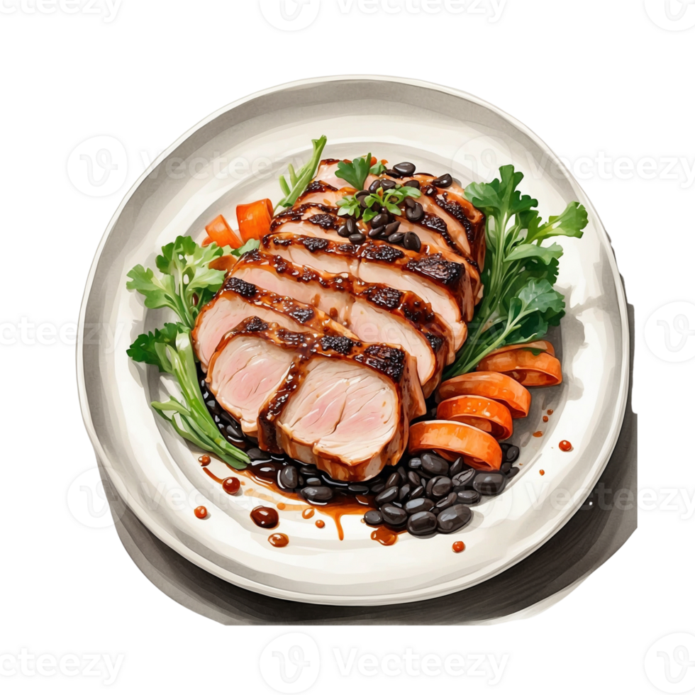 AI generated irresistible Twice cooked Pork with a top down perspective, highlighting the succulent slices of pork belly Pro PNG