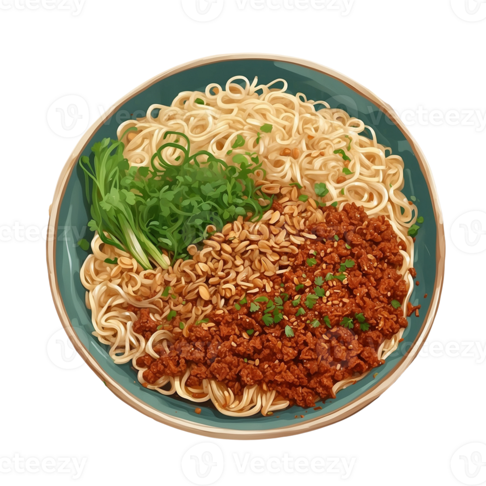AI generated beauty of Dan Dan Noodles in a flat lay composition colorful ensemble of spring onions Pro PNG