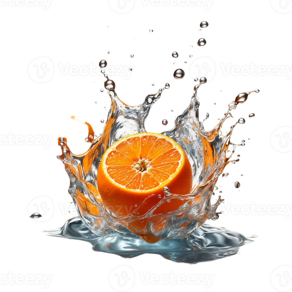 AI generated an Orange Fruit Splash frozen in time experiment with different angles and perspectives to convey the dynamic beauty of the splash Pro PNG