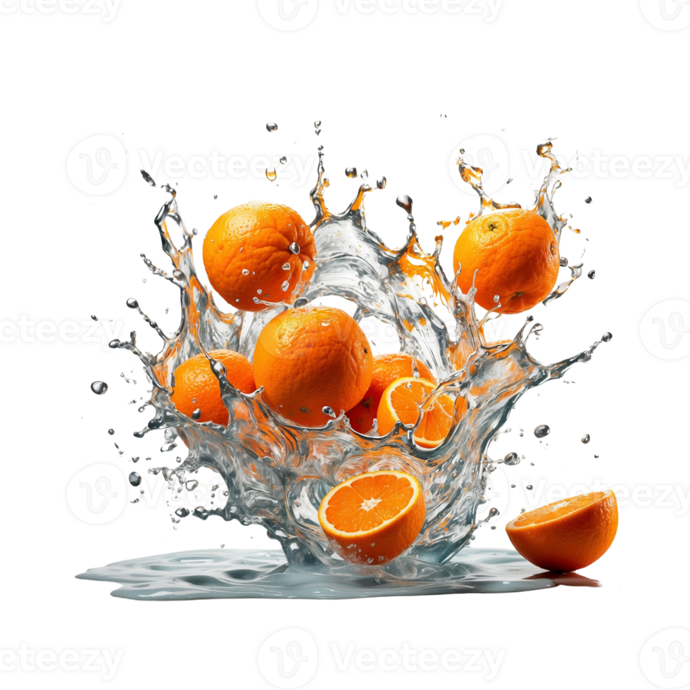 AI generated an Orange Fruit Splash frozen in time experiment with different angles and perspectives to convey the dynamic beauty of the splash Pro PNG