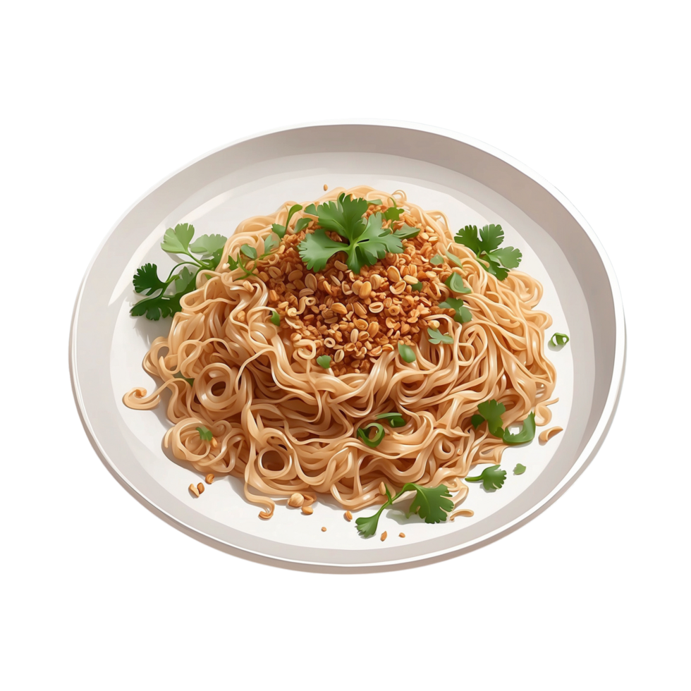 AI generated Dan Dan Noodles with a minimalist presentation on a white plate noodles to intertwine elegantly with the rich Free PNG