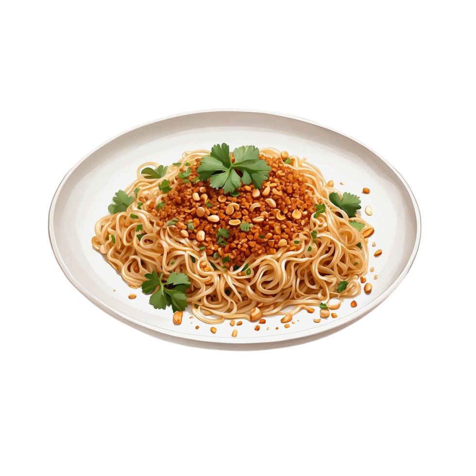 AI generated Dan Dan Noodles with a minimalist presentation on a white plate noodles to intertwine elegantly with the rich Free PNG