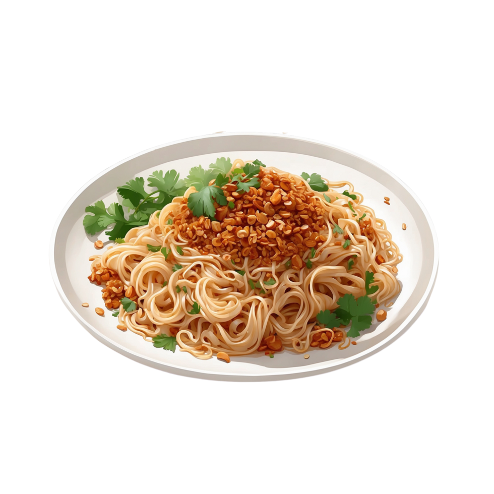 AI generated Dan Dan Noodles with a minimalist presentation on a white plate noodles to intertwine elegantly with the rich Free PNG