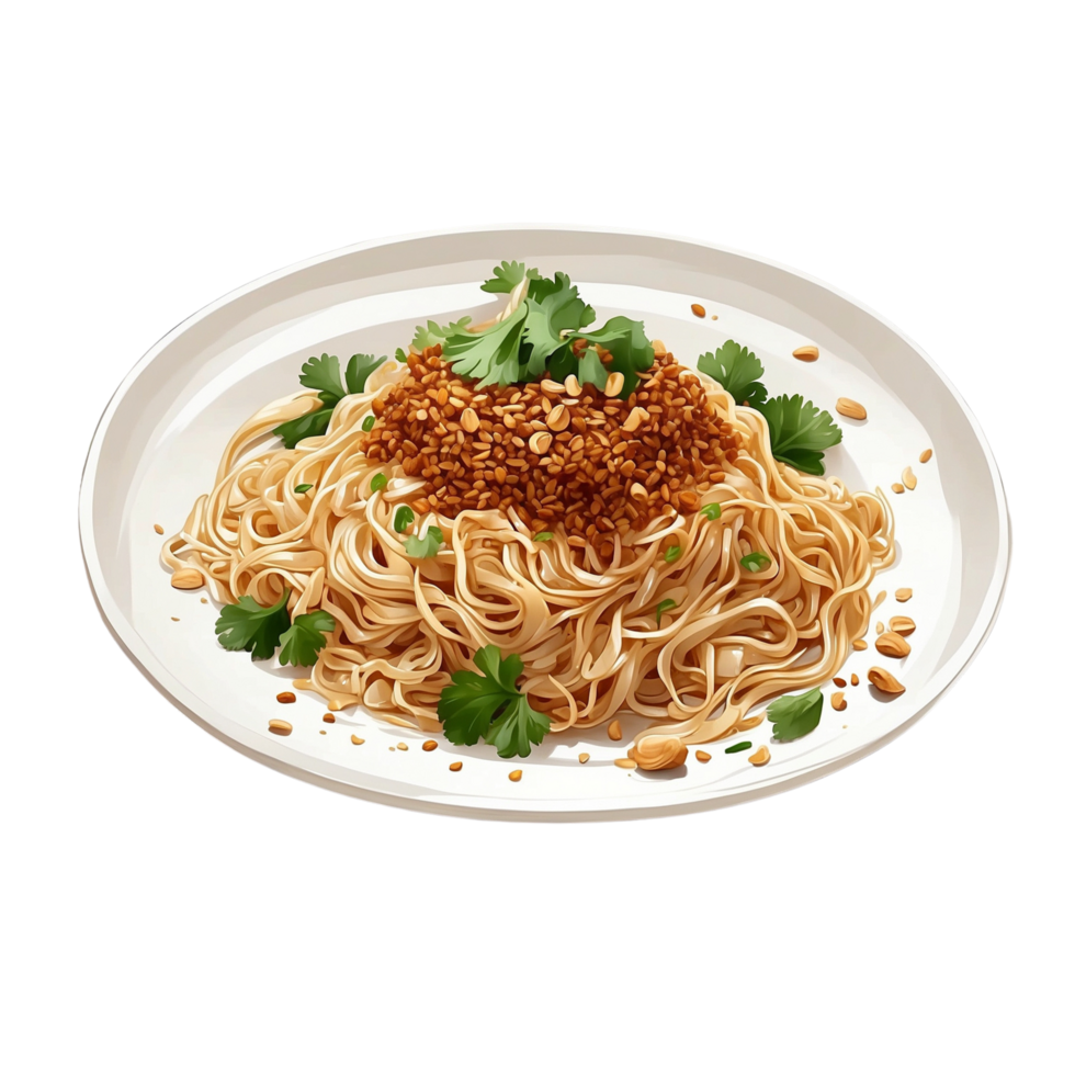 AI generated Dan Dan Noodles with a minimalist presentation on a white plate noodles to intertwine elegantly with the rich Free PNG