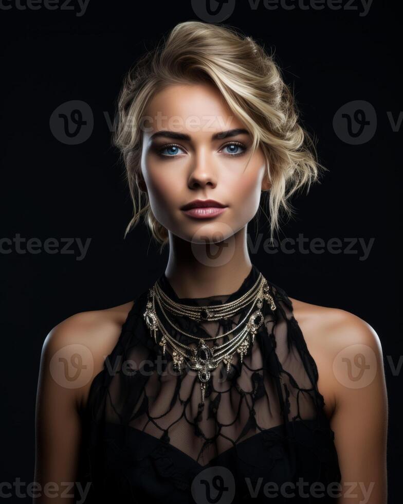 AI generated Woman in Black Dress and Necklace photo