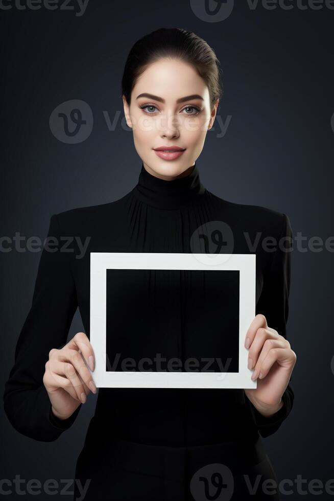 AI generated Woman Holding Picture Frame in Front of Face photo
