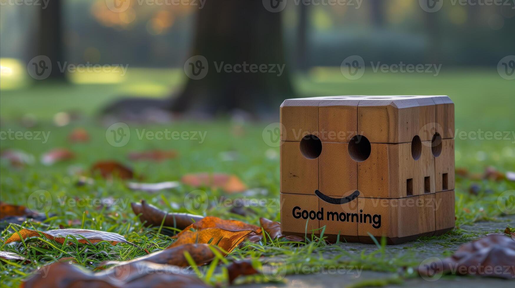 AI generated A wooden block with a painted face and the inscription good morning stands on green grass. photo