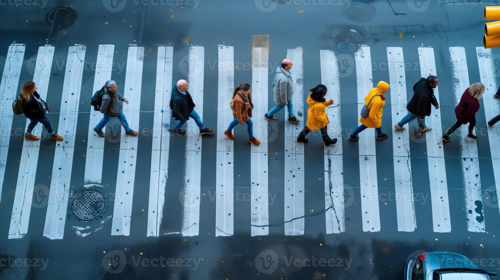 AI generated Diverse group of people crossing wet city street from above photo