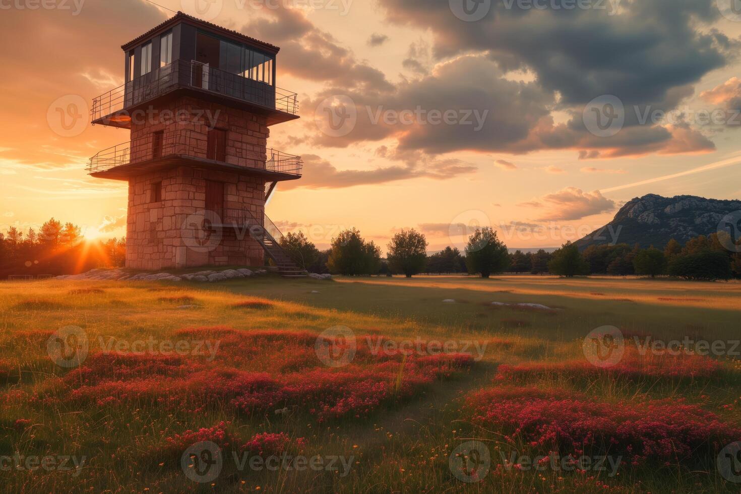 AI generated Serene Sunset at a Rural Fire Watchtower photo