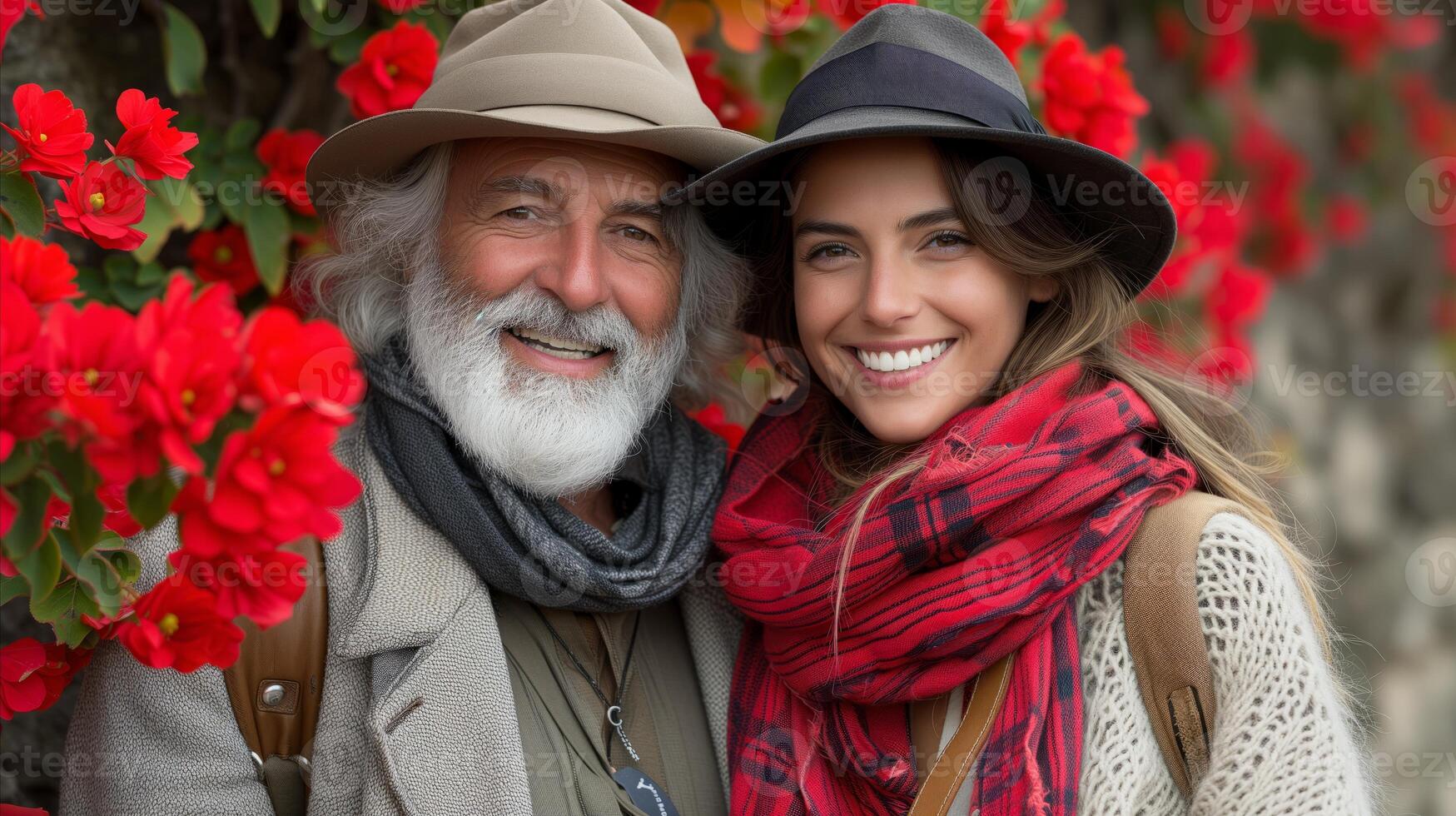 AI generated Man and Woman Standing in Front of Red Flowers photo