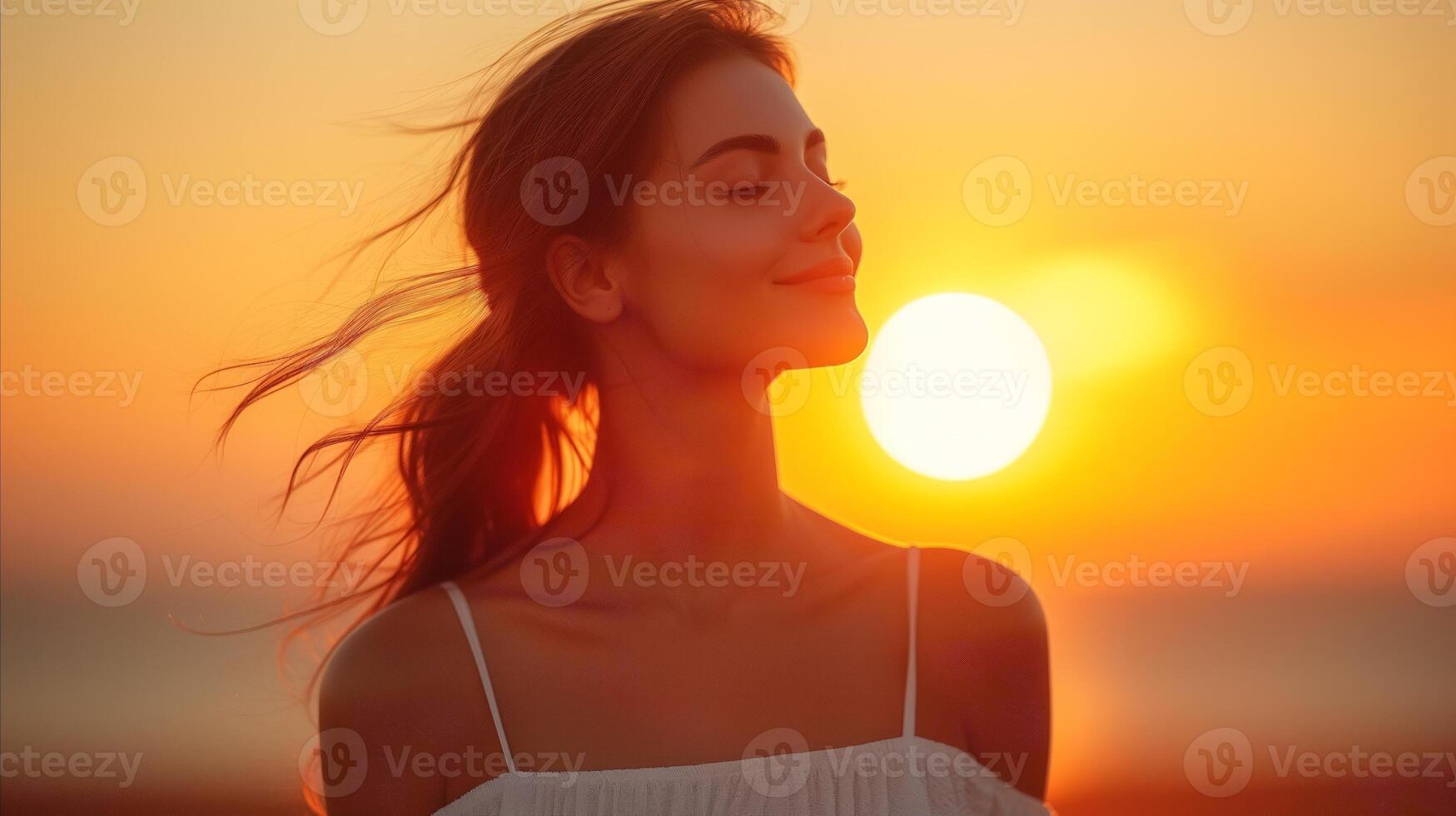 AI generated Woman Standing on a Beach With the Sun in the Background photo