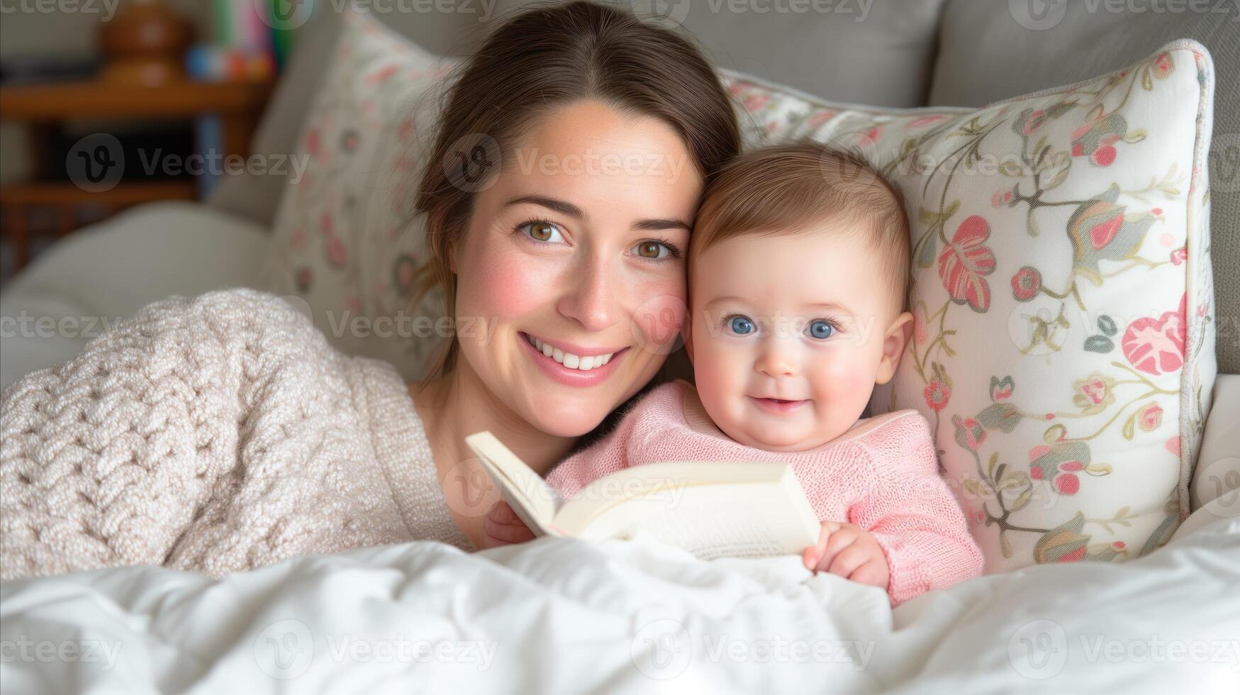 AI generated Woman Laying in Bed With Baby and Book photo