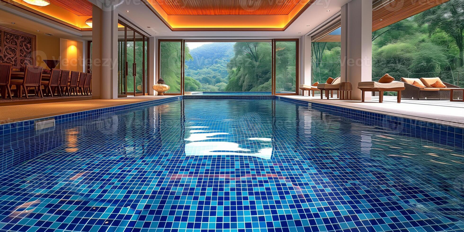 AI generated Large Indoor Swimming Pool With Blue Tiles photo