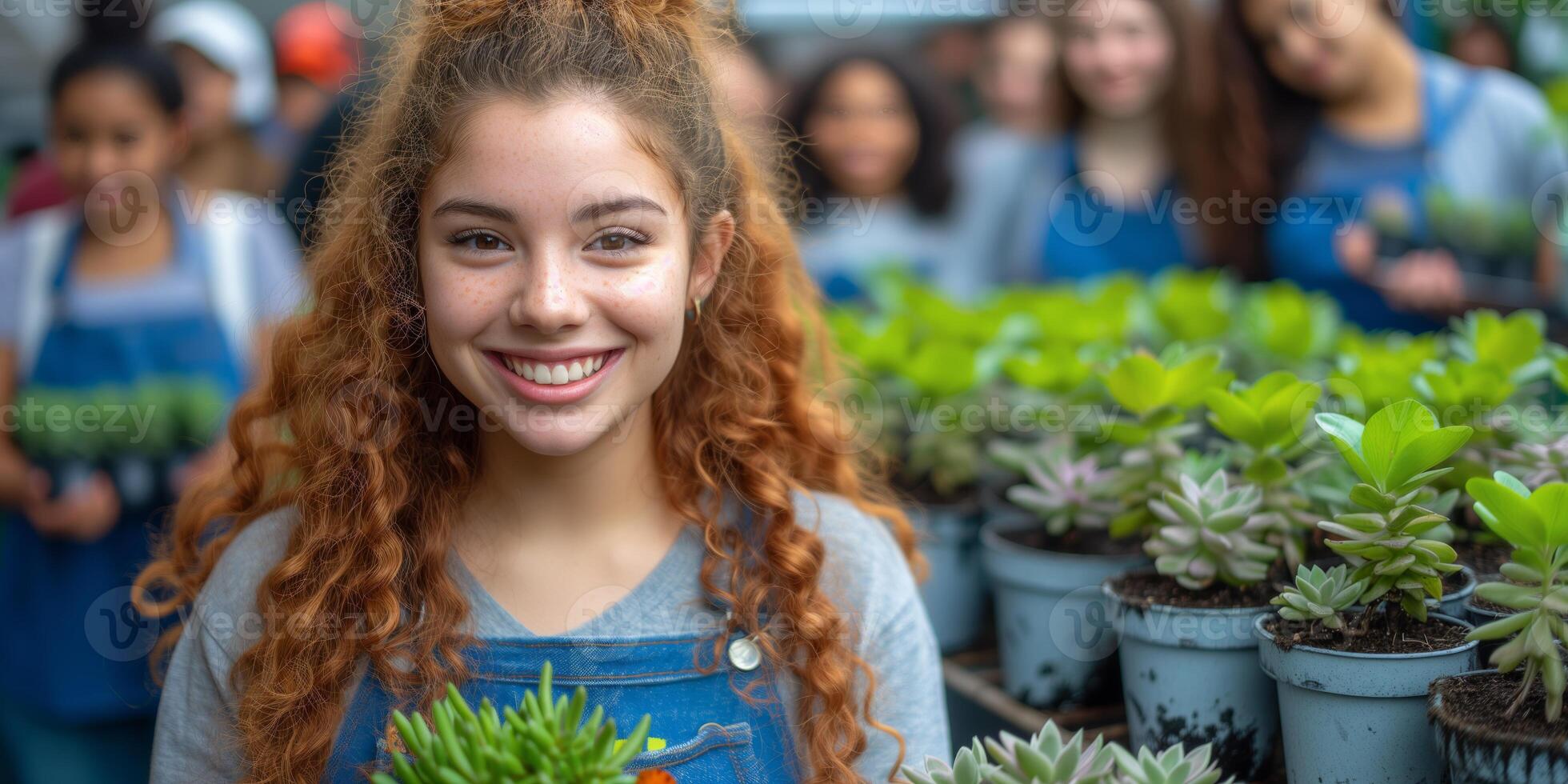 AI generated Smiling Girl With Red Hair in Front of Potted Plants photo
