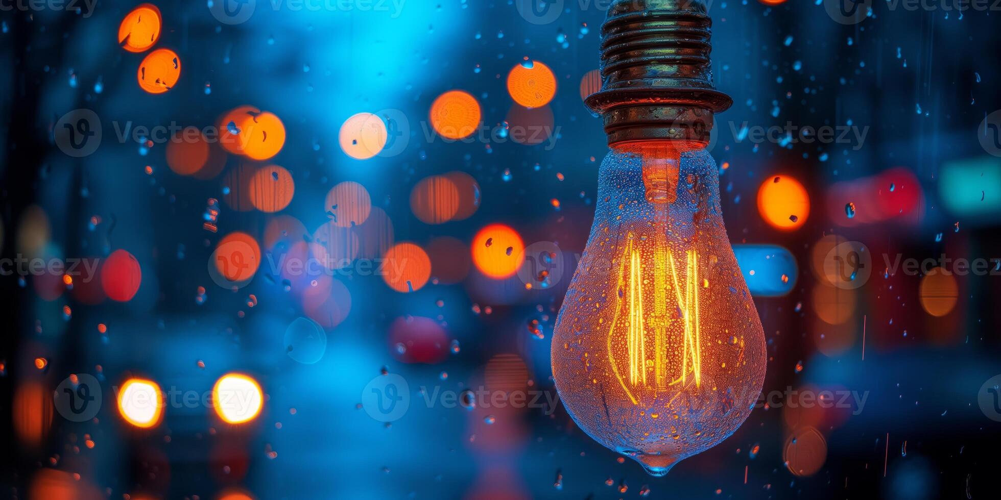 AI generated Hanging Light Bulb Illuminated by Raindrops on a Window photo