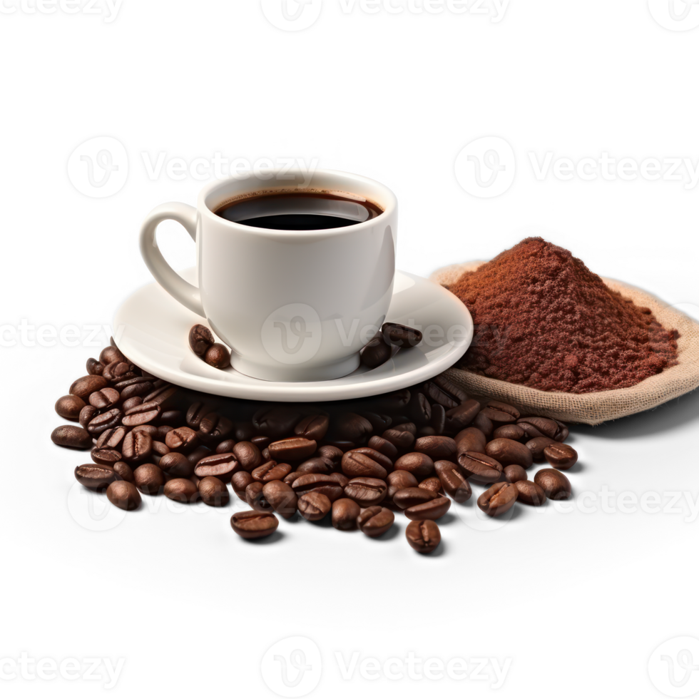 AI generated coffee beans and coffee powder on transparency background png