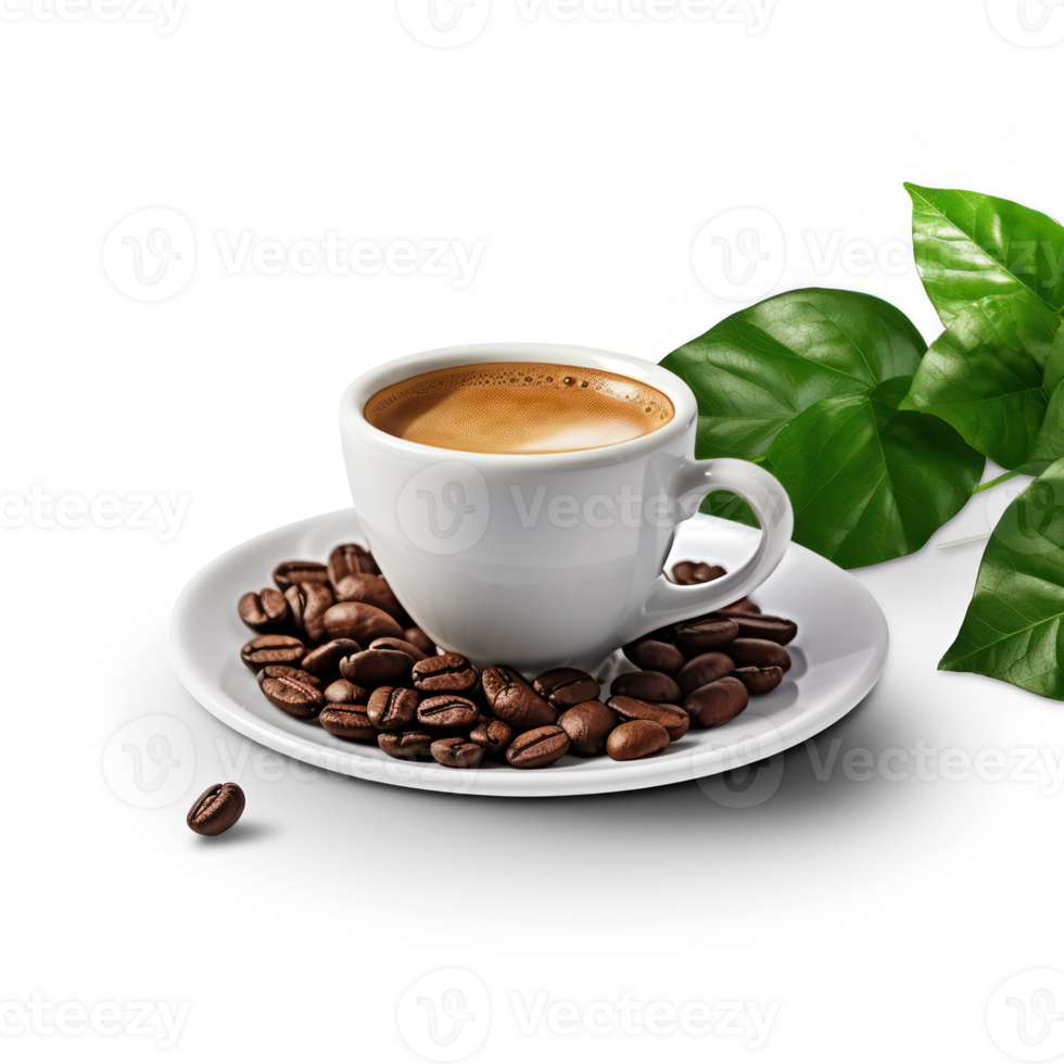 ai gegenereerd koffie bonen en kop met groen blad Aan transparantie achtergrond png