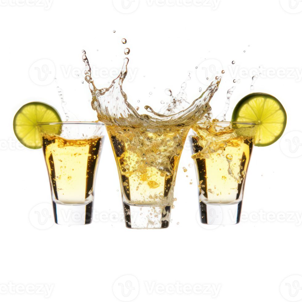 AI generated three shots of tequila with lime slices png