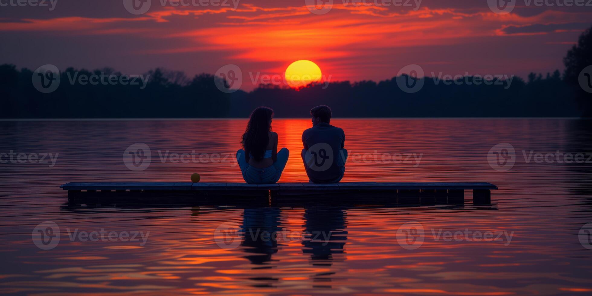 AI generated Couple Sitting on Dock, Watching Sunset Over Water photo