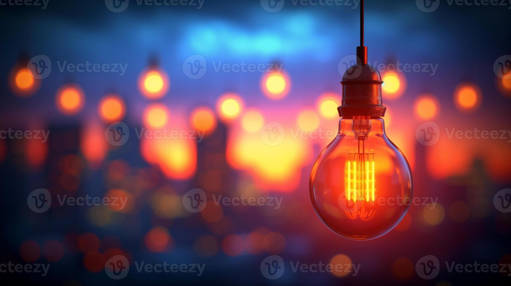 AI generated Light Bulb Hanging From String in Front of Cityscape photo