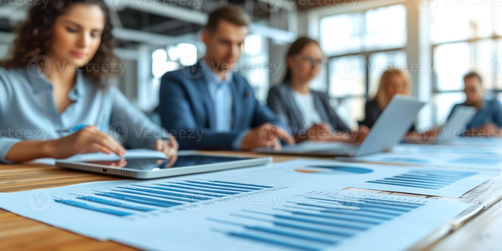 ai generado negocio profesionales analizando datos en moderno oficina reunión foto