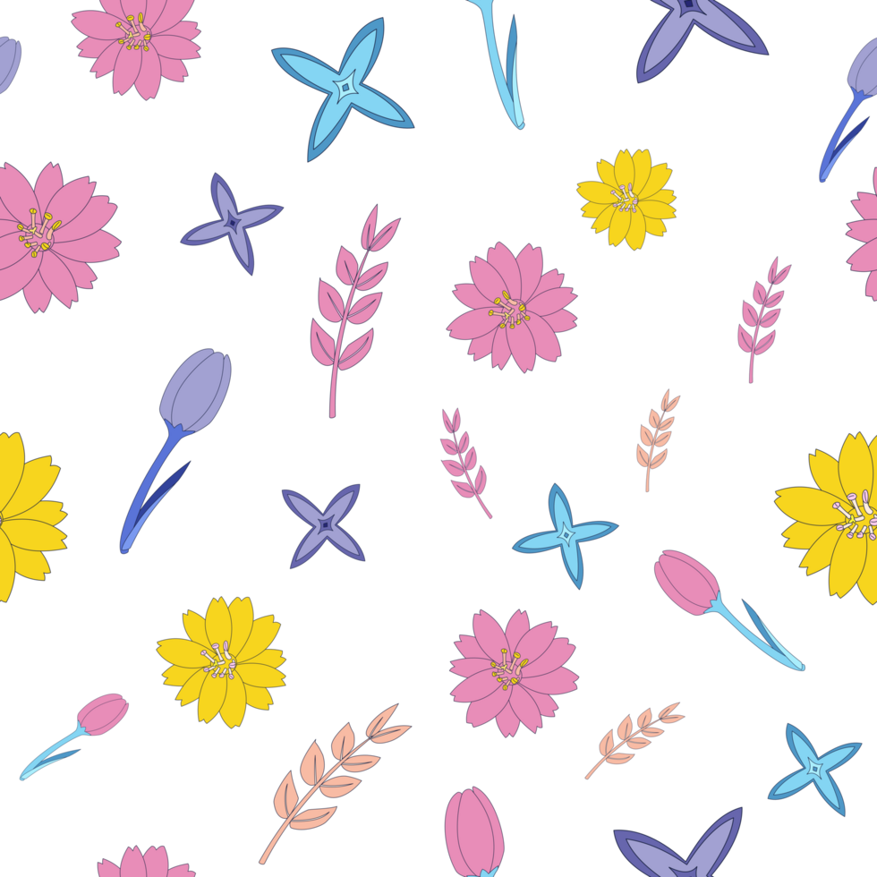 A seamless pattern of spring elements PNG transparent background such as yellow flowers, daisies, tulips, and tree branches and leaves in a hand-drawn minimal floral concept, illustration