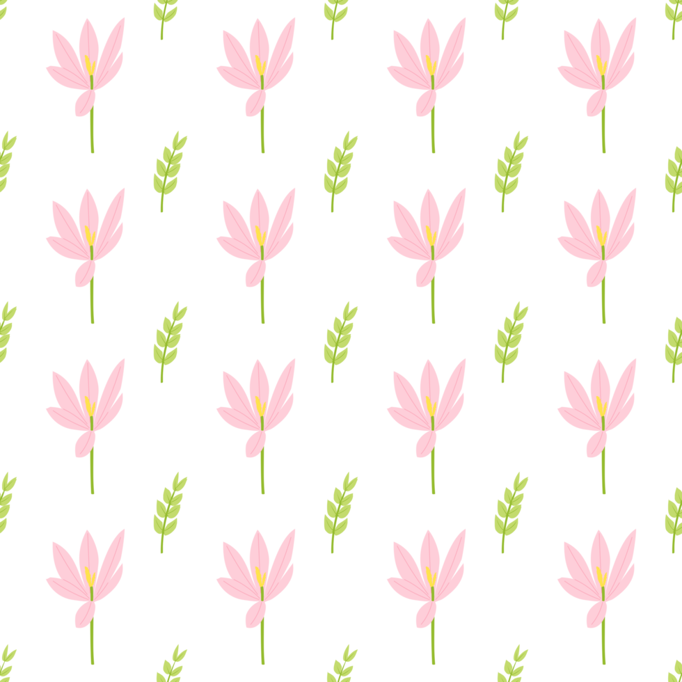 A seamless pattern of crocus and tree branches and leaves PNG transparent background in a spring minimal shape floral concept, illustration