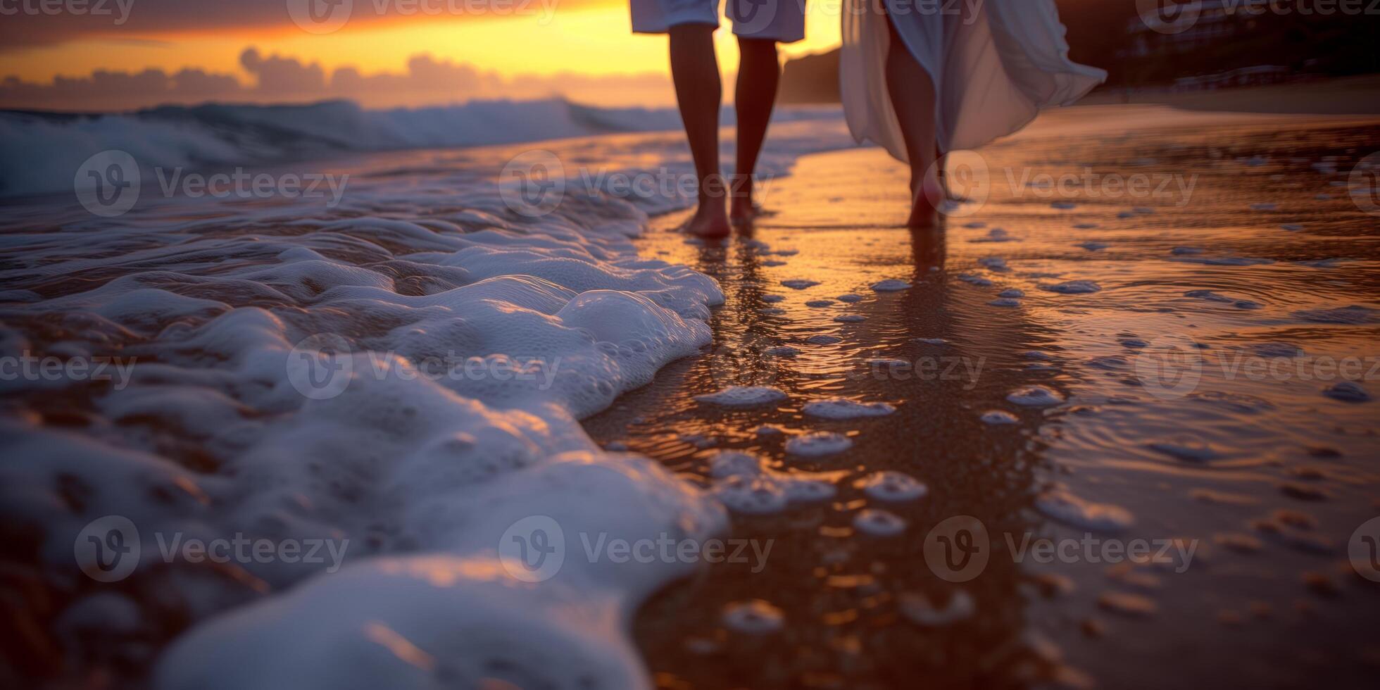 AI generated Two People Walking on the Beach at Sunset, Waves Breaking in Background photo