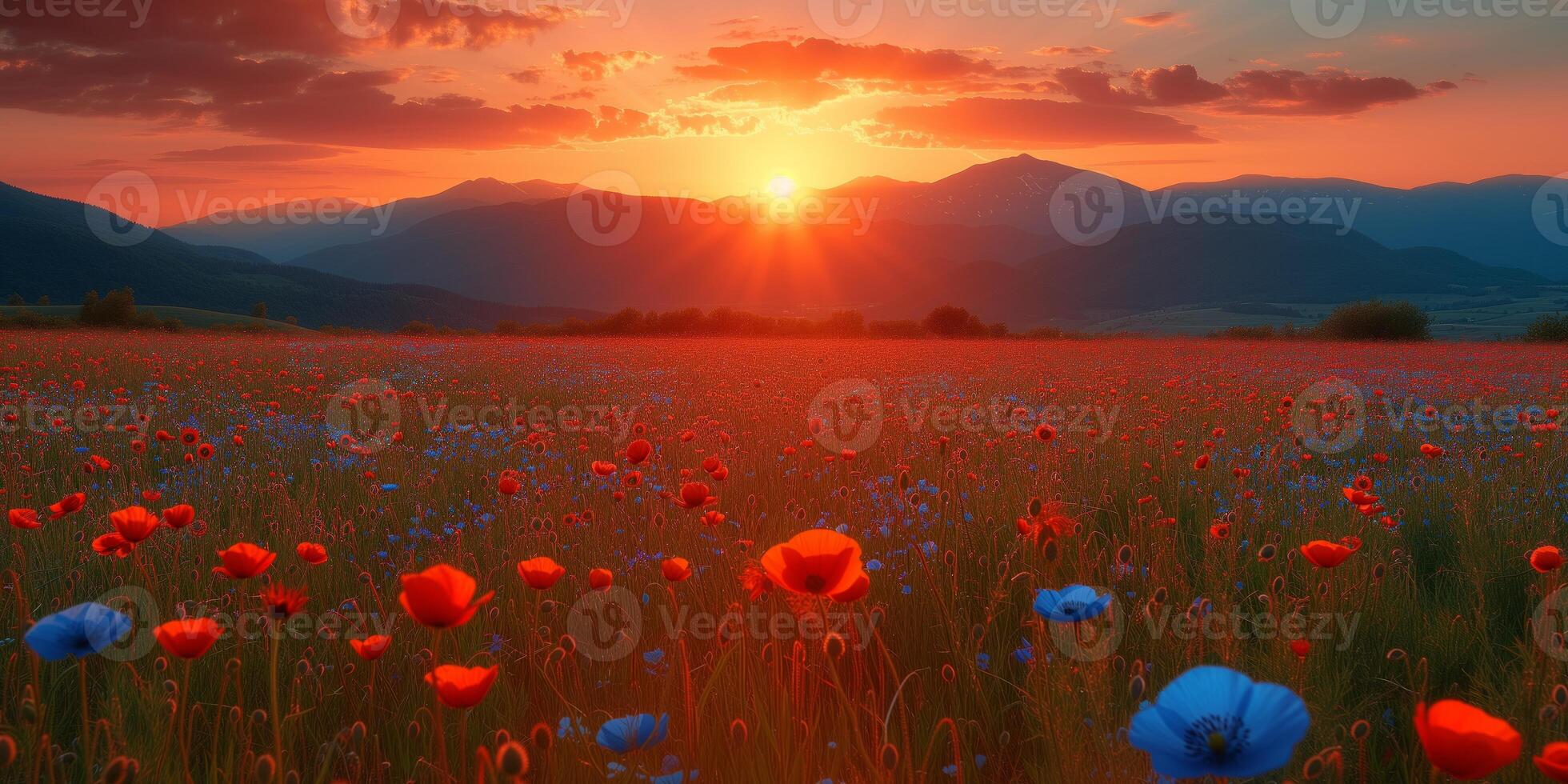 AI generated Vibrant Field of Flowers With Setting Sun in Background photo