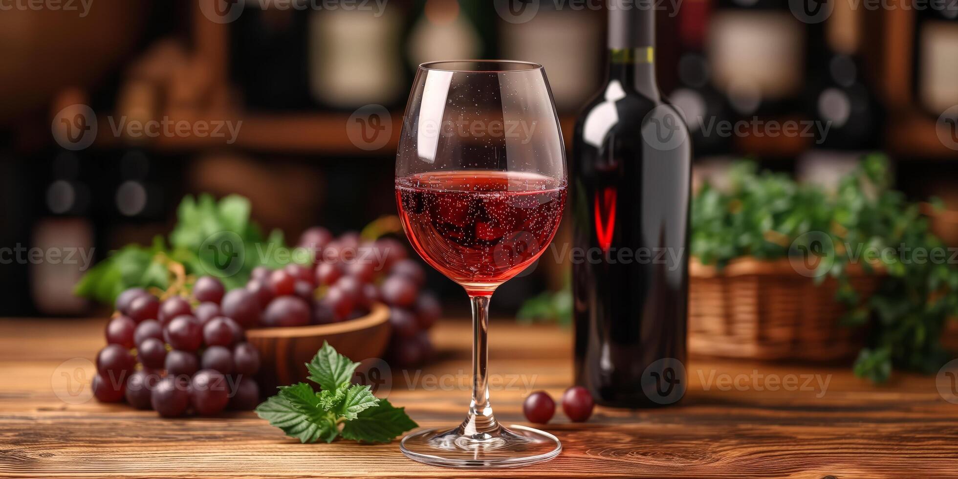 AI generated Red Wine Glass Next to a Wine Bottle on a Wooden Table photo