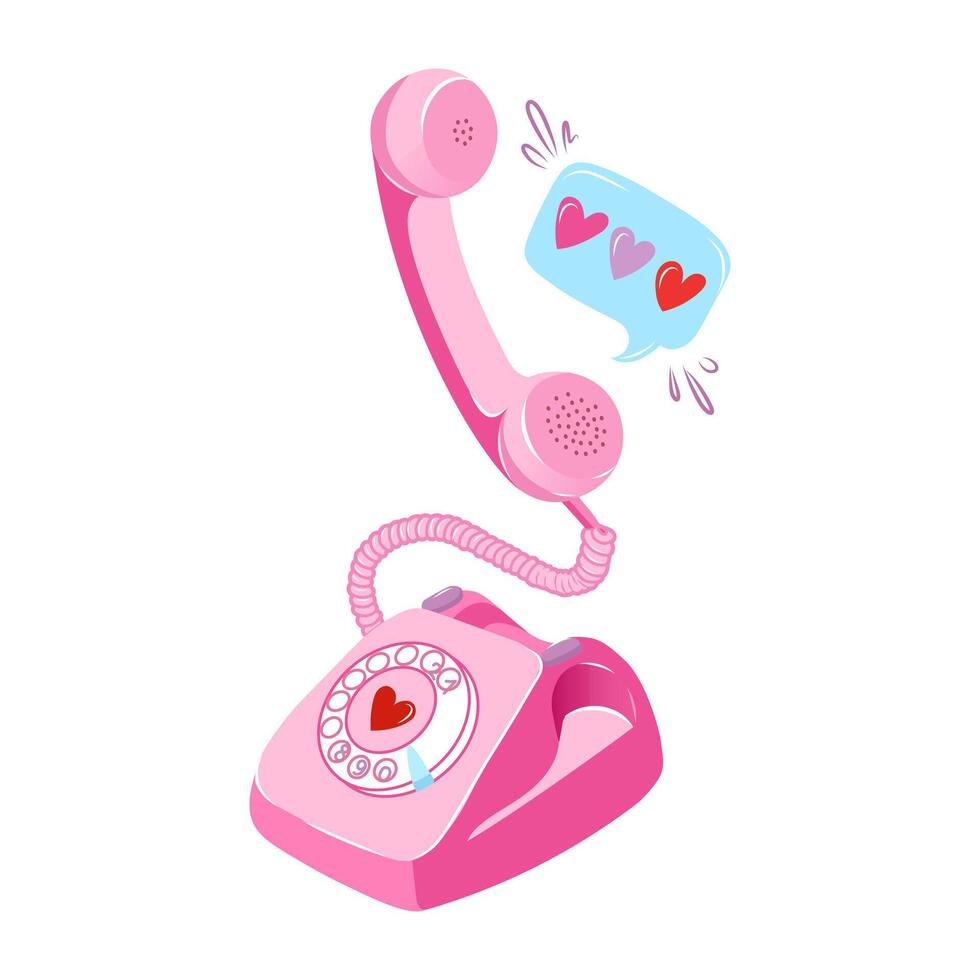 mano dibujado vector ilustración de retro teléfono y corazones. romántico rosado teléfono para San Valentín día.