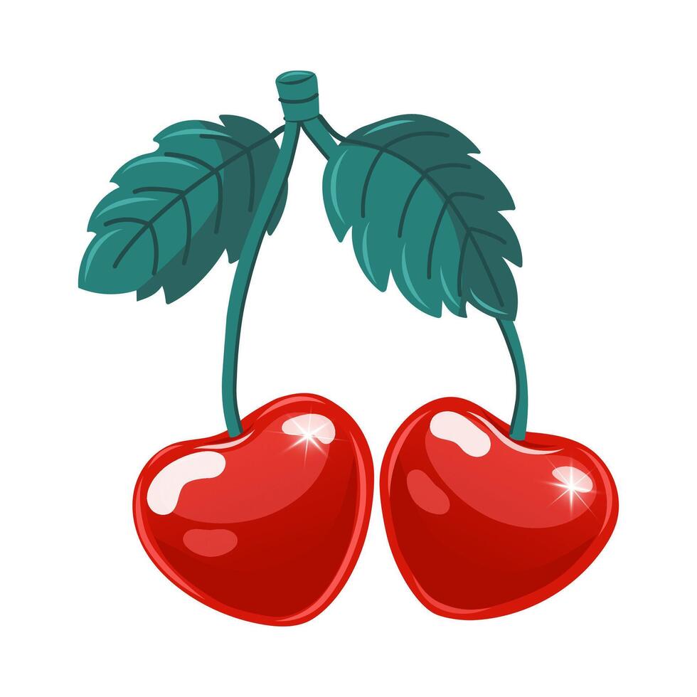 Hand drawn vector illustration of pair of heart shaped cherries. A drawing of cute red berries