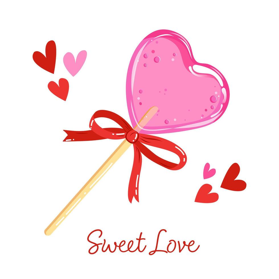 Hand drawn vector illustration of a lollipop on a stick with a bow. Candy in the shape of a heart for valentine's day