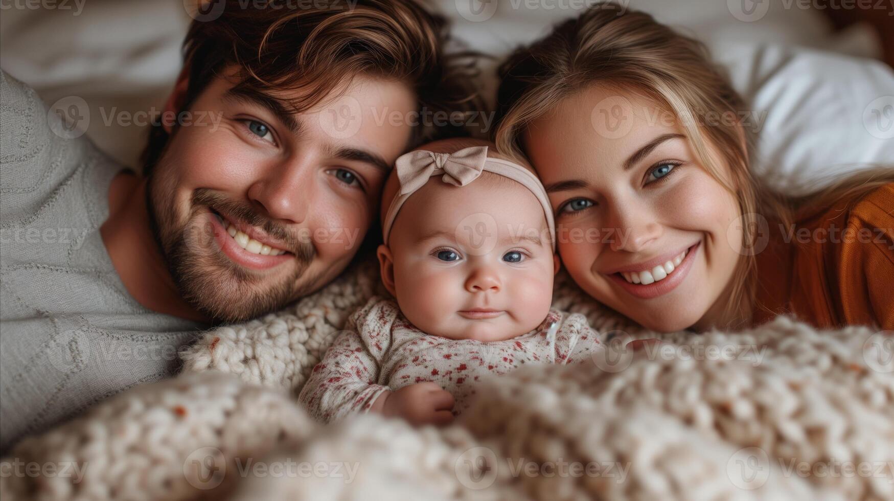 AI generated Happy young family with cute baby lying down together indoors photo