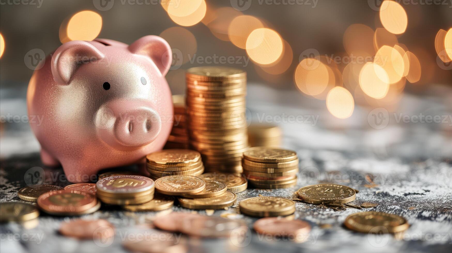 ai generado cerdito banco en pila de monedas foto