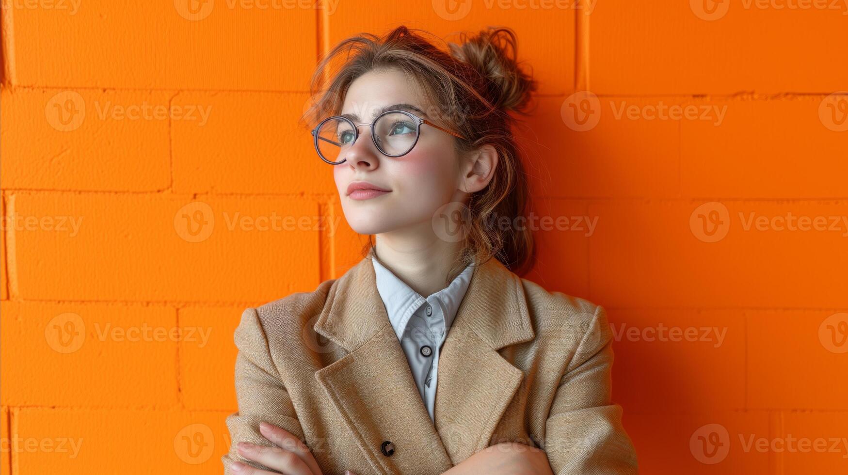 AI generated Stylish young woman in glasses posing by orange wall, reflective pose photo