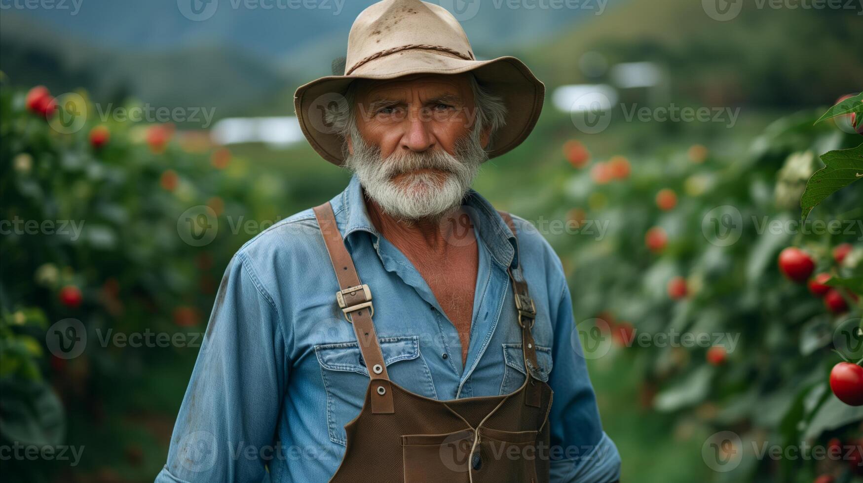 AI generated Senior farmer with a straw hat standing in coffee plantation photo