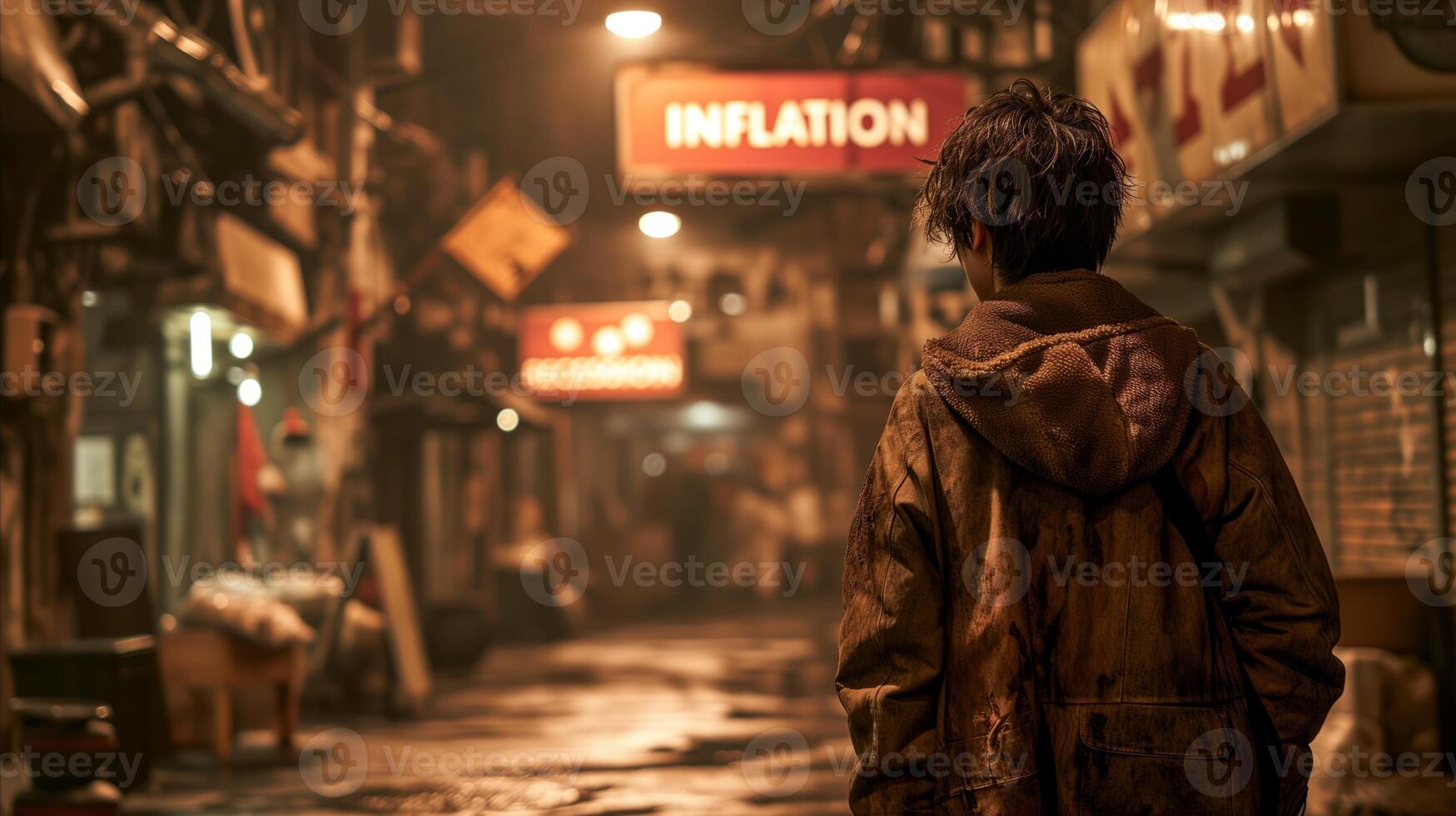 AI generated A red sign says inflation. The man looks at the sign. photo