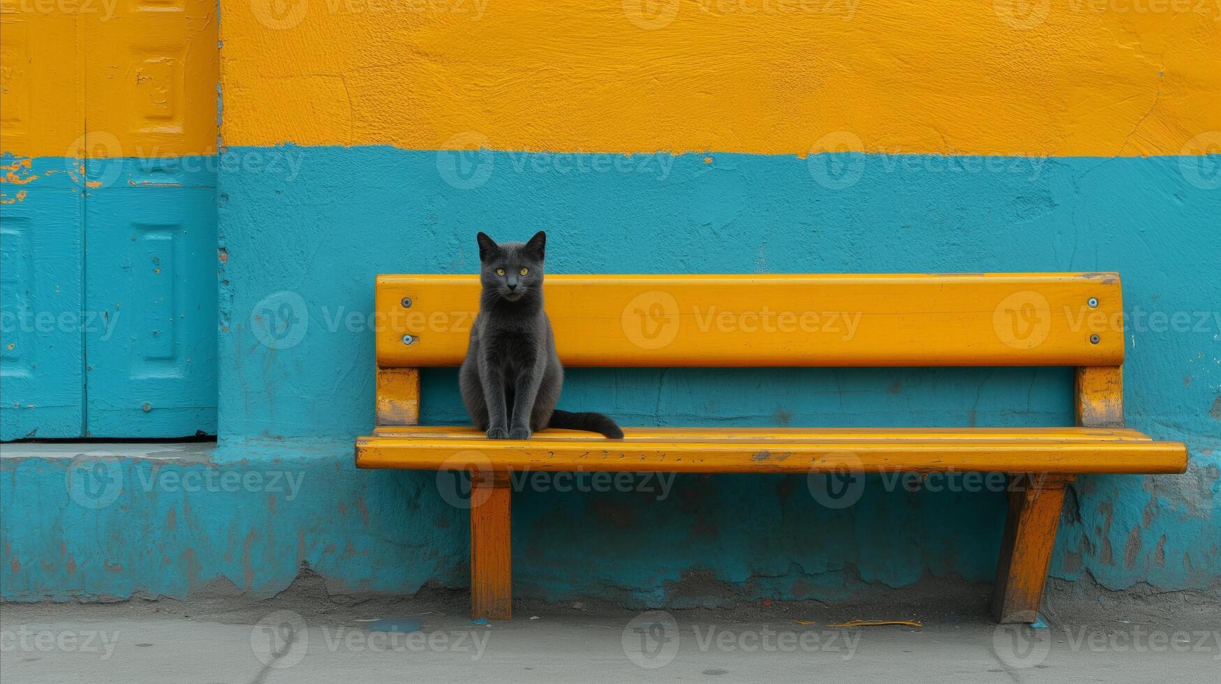 AI generated Gray cat sitting on yellow bench with blue and yellow wall background photo