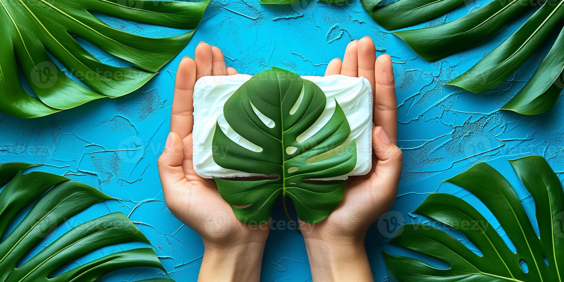 AI generated Environmentally friendly concept with hands holding a leaf on blue photo
