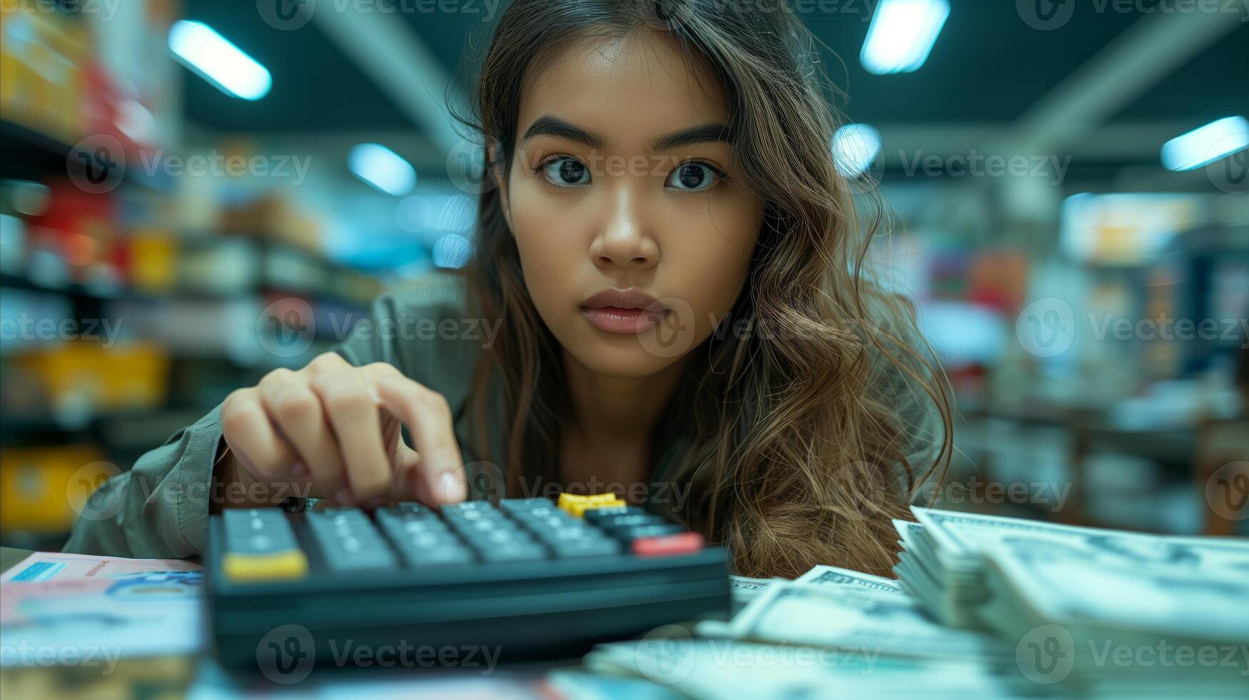 ai generado mujer participación calculadora, mirando a cámara foto